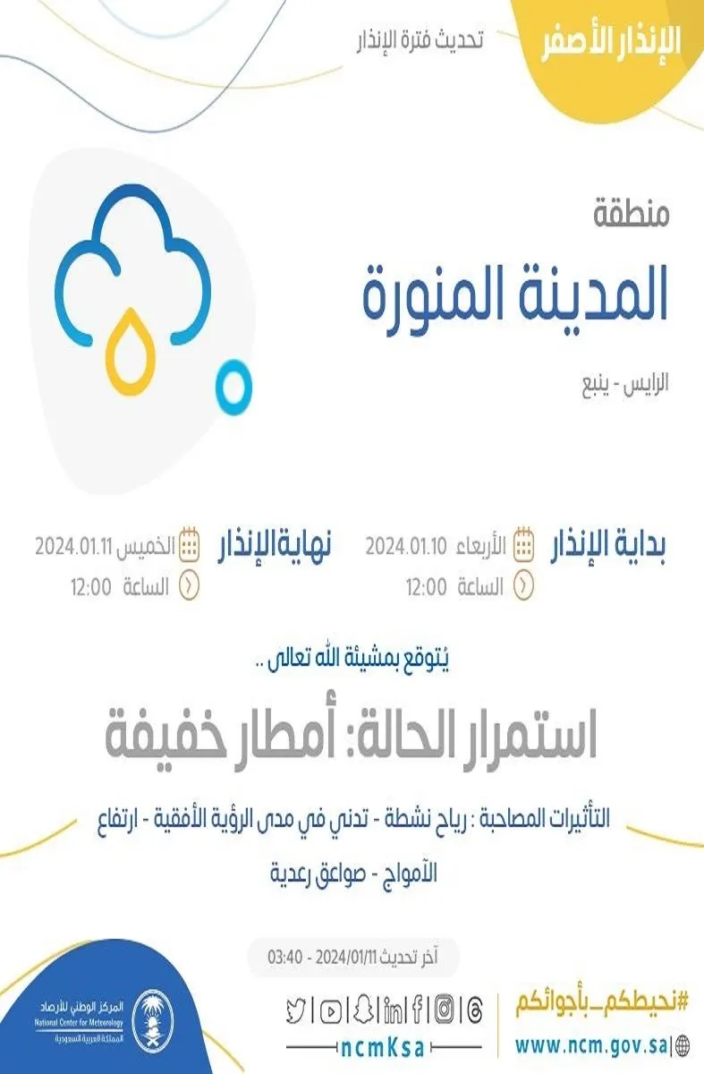 تحذير هام من الوطني للأرصاد على عدد من محافظات المدينة المنورة حتى مساء اليوم