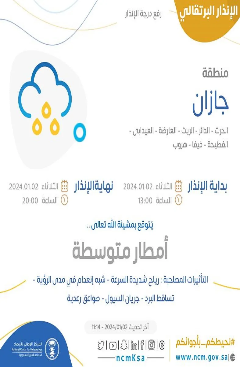 الوطني للأرصاد يرسل إنذارات متتالية على كل من  الباحة وجازان وعسير لسوء الحالة الجوية