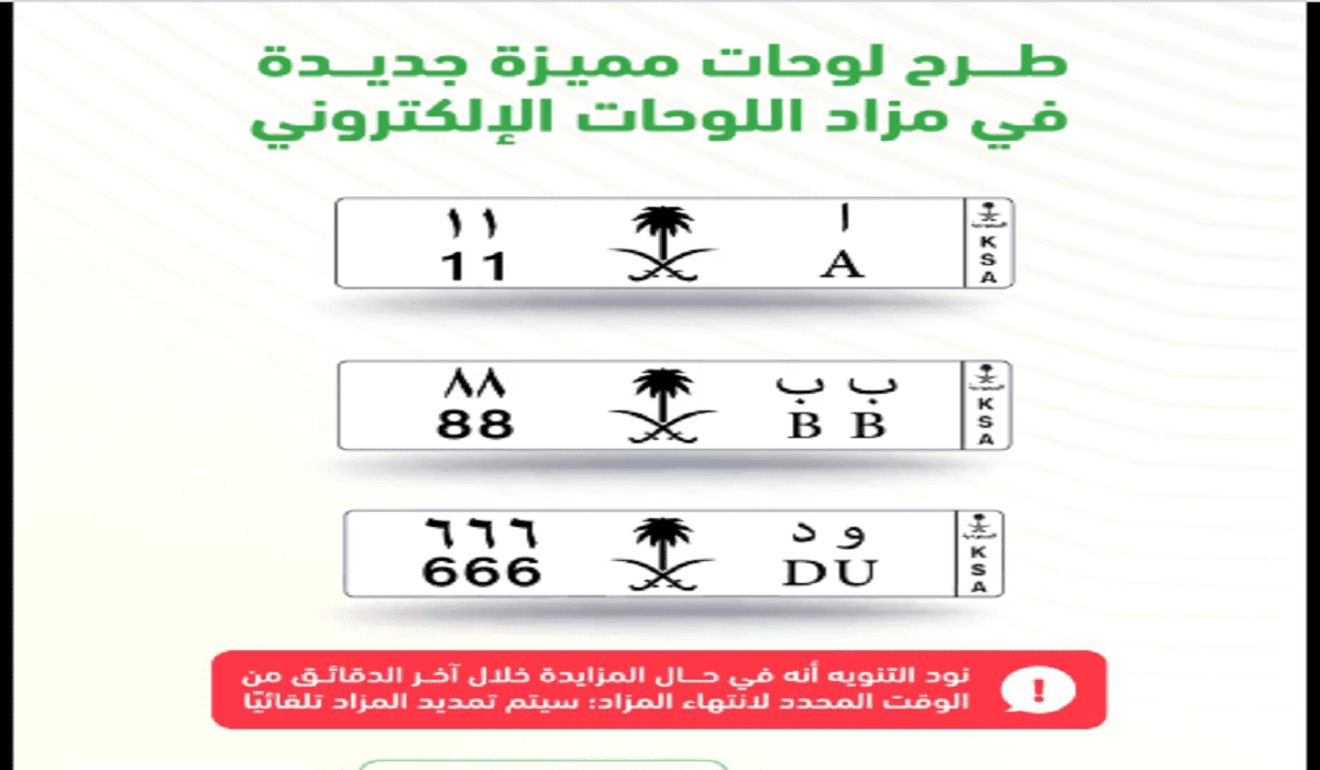 المرور السعودي يعلن عن المزاد الإلكتروني بلوحات مميزة وفئات جديدة عبر منصة أبشر