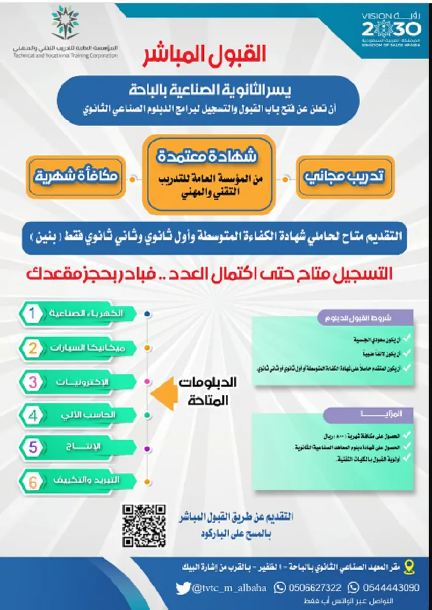 فتح باب القبول والتسجيل لبرامج الدبلوم الصناعي الثانوي لخريجي الكفاءة بمنطقة الباحة وفق مميزات