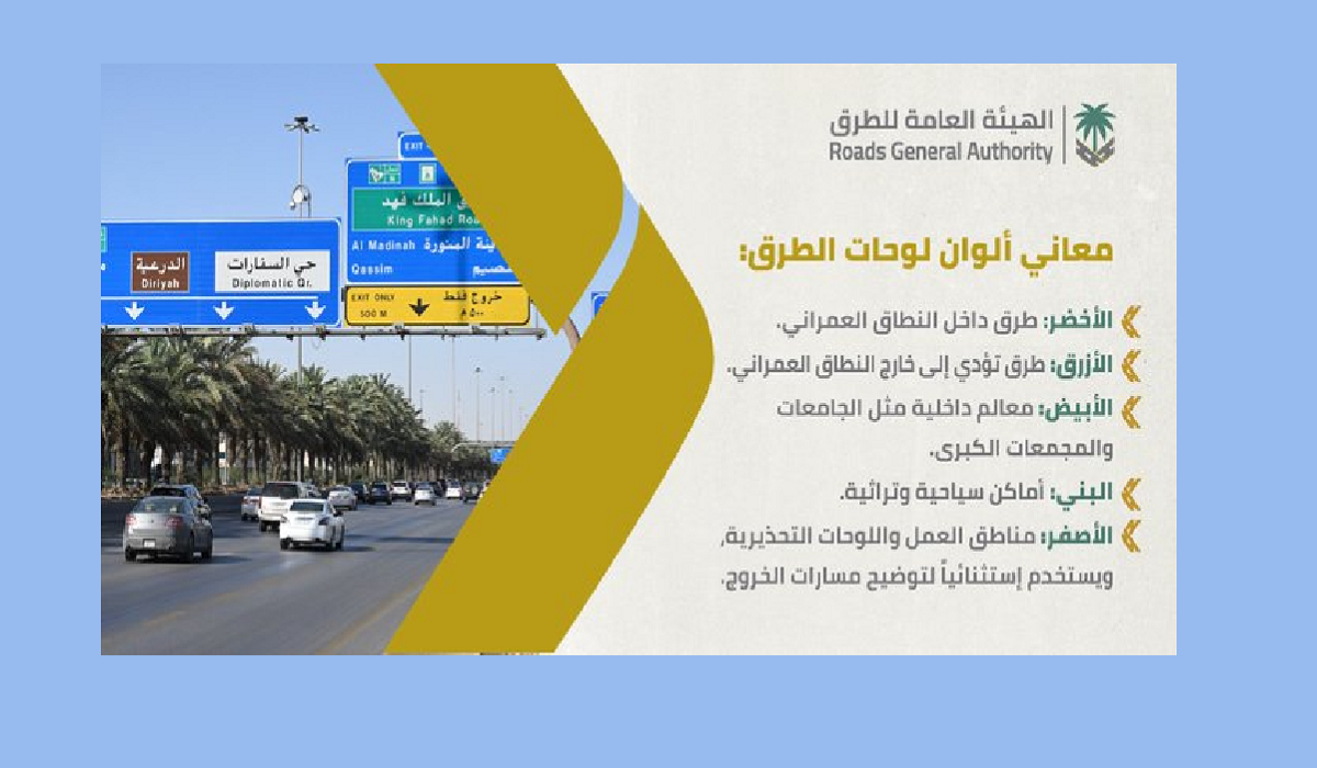 ما هي معنى ألوان لوحات الطرق ودلائلها؟ الهيئة العامة للطرق تجيب
