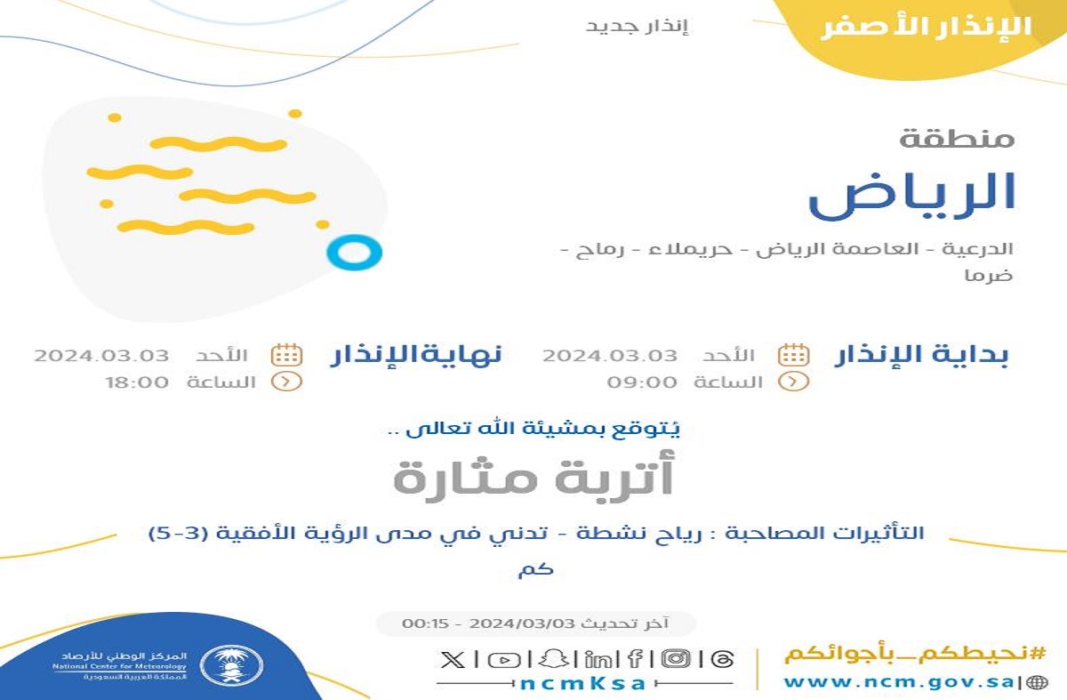 الوطني للأرصاد يوضح حالة الطقس والدفاع المدني يحذر من التقلبات الجوية