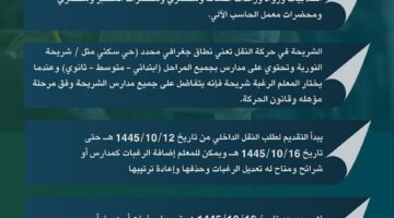 مواعيد إجراءات النقل الداخلي لشاغلي وشاغلات الوظائف التعليمية عبر نظام نور