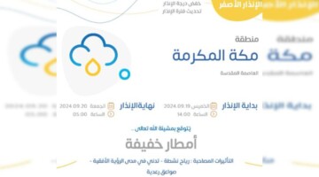 المركز الوطني للأرصاد يوضح حقيقة اطلاق الانذار الاحمر طقس مكة اليوم الجمعة 20 سبتمبر 2024